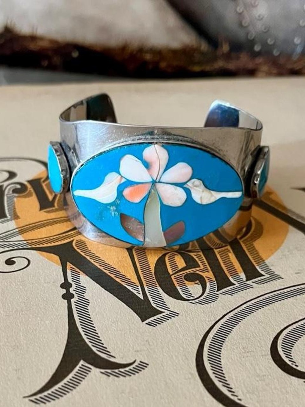 Turquoise Floral Inlay Silver Cuff Bracelet